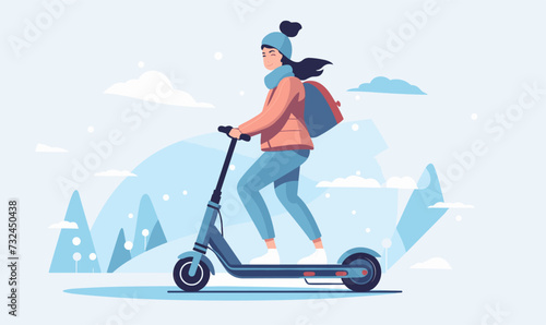 woman standing riding e-scooter vector flat isolated illustration -