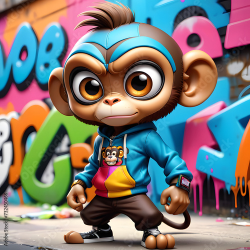 Illustration of a funny monkey cgi graffiti character with graffiti in the background, colorful photo