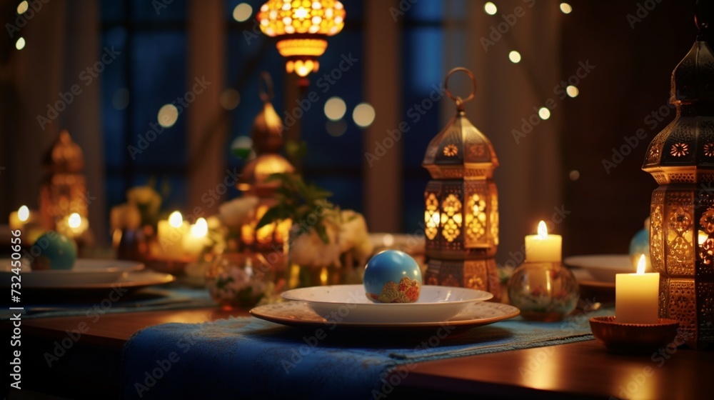 Capture the warm ambiance created by the glowing candles and soft lighting around the Ramadan Iftar Table. Capture the warm ambiance created by the glowing candles and soft lighting around the Ramadan Iftar Table.