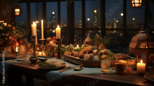 Capture the warm ambiance created by the glowing candles and soft lighting around the Ramadan Iftar Table.