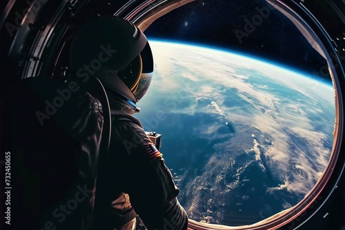 Astronaut gazing at Earth. Thought through space ship window."