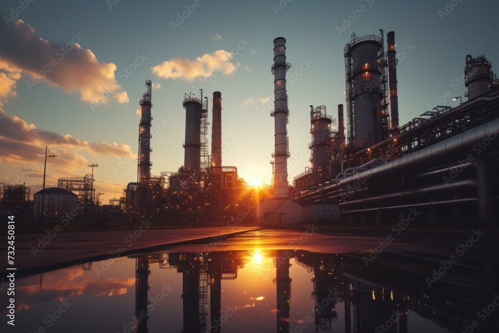 Petrochemical operator at sunset. Power operator. Fictional person. Generate Ai