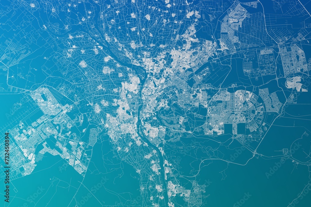 Map of the streets of Cairo (Egypt) made with white lines on greenish blue gradient background. 3d render, illustration - obrazy, fototapety, plakaty 