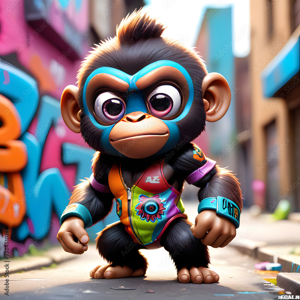 Illustration of a funny ape cgi graffiti character with graffiti in the background, colorful Illustration of a funny ape cgi graffiti character with graffiti in the background, colorful
