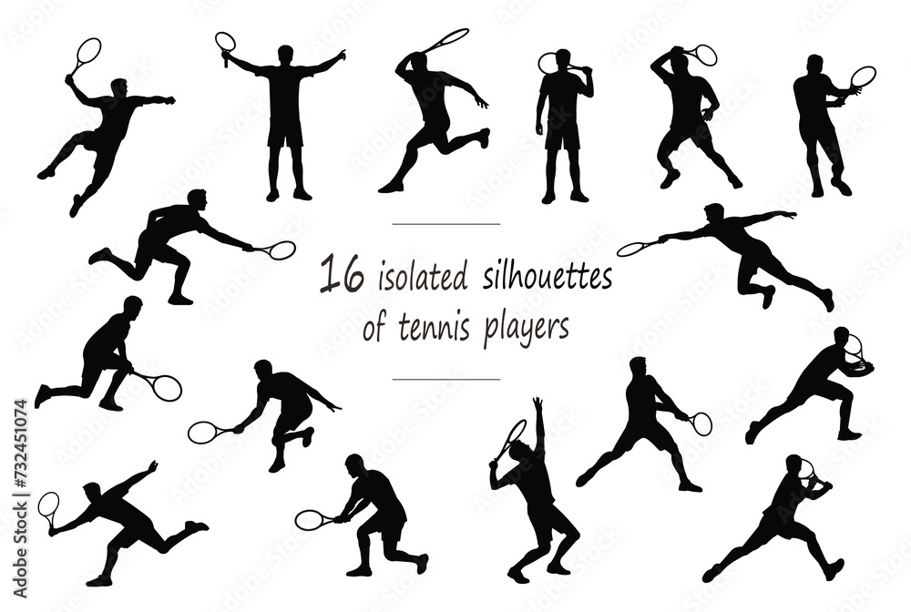 16 black silhouettes of tennis player in casual shirt in motion: standing, running, rushing, jumping, serving, receiving