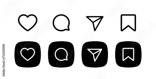 Set of generic social media user interface icons. Like, comment, share and save icons. Social media flat icon. Vector