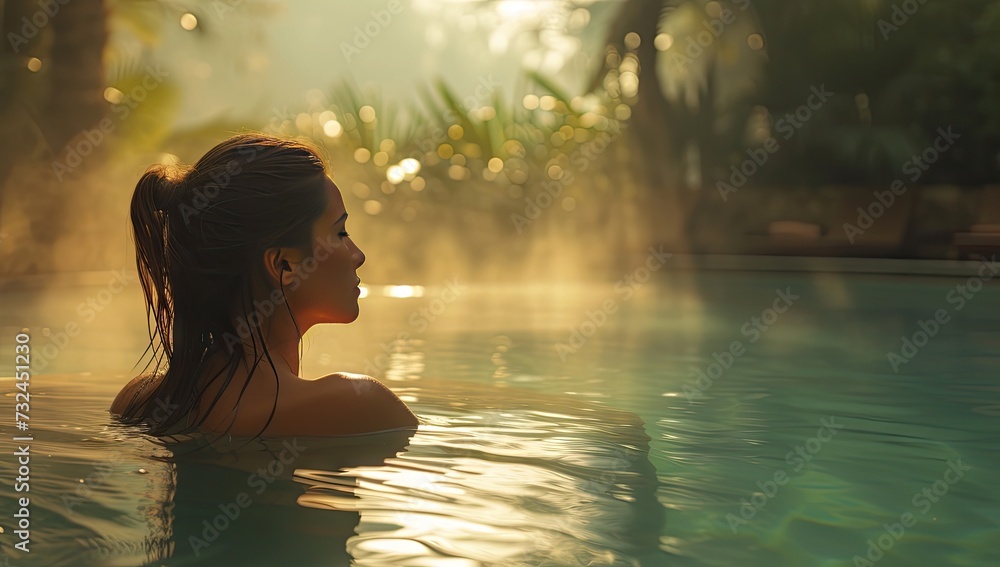 Serene moment captured young woman leisurely swims in luxurious resort pool embodying essence of relaxing spa vacation reflects bliss of summertime travel with female tourist enjoying tranquility