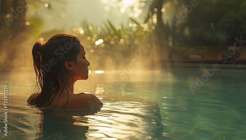 Serene moment captured young woman leisurely swims in luxurious resort pool embodying essence of relaxing spa vacation reflects bliss of summertime travel with female tourist enjoying tranquility © Wuttichai