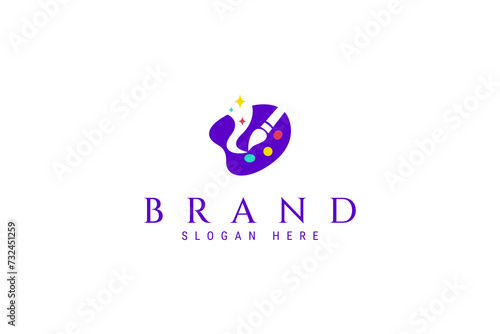 palette and brush logo design for painting or drawing colorful works of art in a flat design style