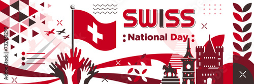 Switzerland independence day banner design. National day of Swiss background design with map, flag, landmark. Swiss red white theme geometric abstract retro modern vector illustration