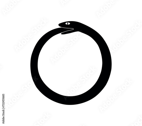 Vector hand-drawn black illustration of round Ouroboros esoteric symbol. Hand-drawn snake-eating tail isolated on a white background