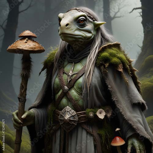 Turtle witch in the swamp with mushrooms