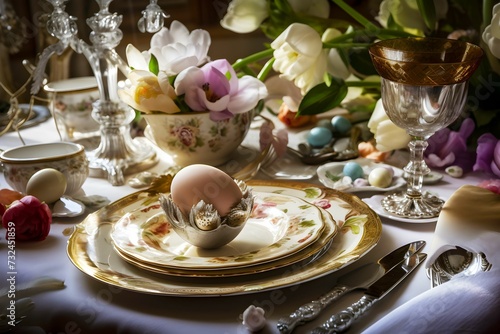 AI generated illustration of a vibrant composition of an Easter table set with an array of flowers
