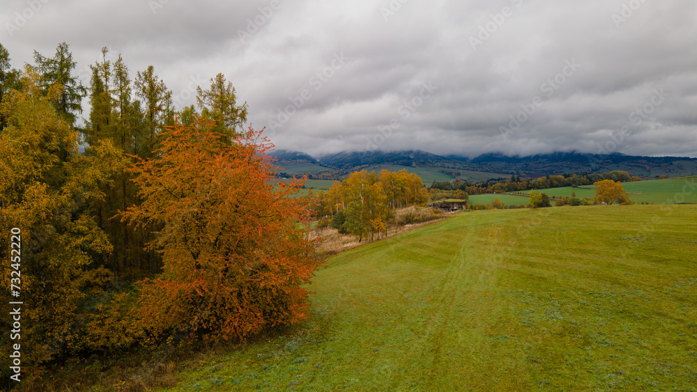 Beautiful autumn landscape photography with colourful forest, and mountains in background. Orlicke hory, Czechia