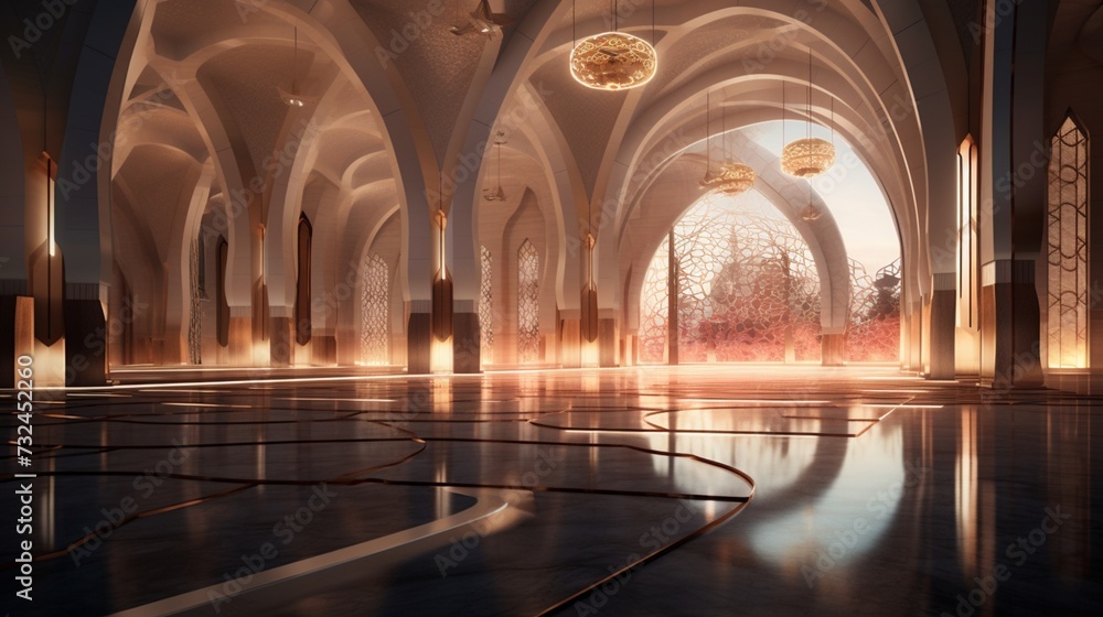 Conceptualize a mosque interior designed to foster community gatherings and reflection during Ramadan.