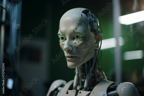 AI generated illustration of a futuristic humanoid robot figure with green details