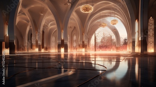 Conceptualize a mosque interior designed to foster community gatherings and reflection during Ramadan.