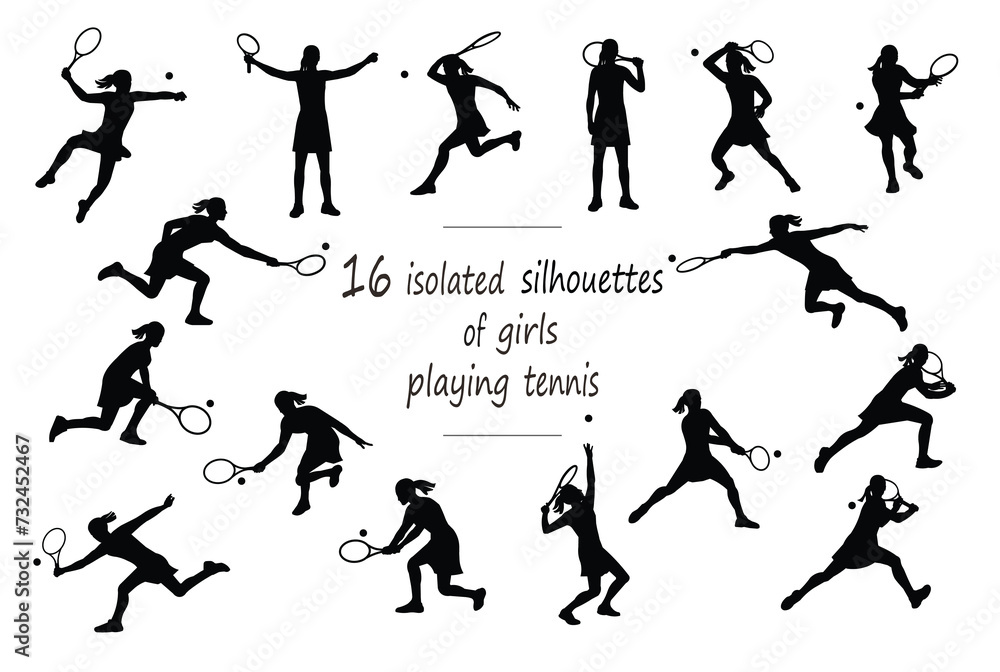 16 girl silhouettes of women's tennis player with ball in dress in motion: standing, running, rushing, jumping, serving, receiving