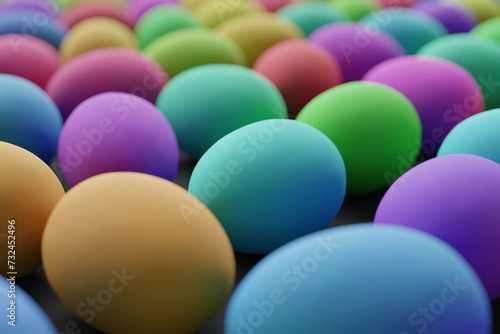 Many colorful eggs on black background. Closeup view  macro shot  selective focuscloseup shot. 3d render  illustration