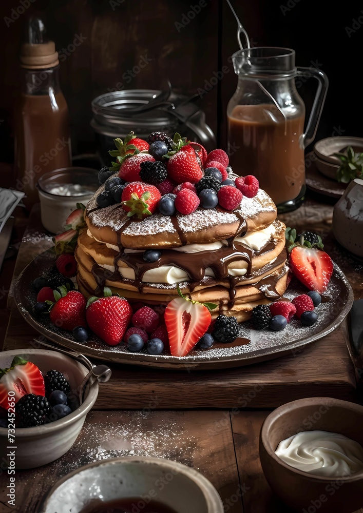 AI generated illustration of a stack of pancakes and berries sitting on a wooden table