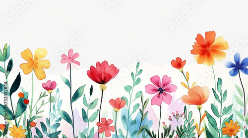 Fototapeta Naklejka Na Ścianę i Meble -  Watercolor flower meadow, childlike colourful painting, white background, copy space. Spring season wide layout.