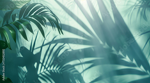 Summer natural background with tropical leaves and shadows on the wall and blue green light. Copy space