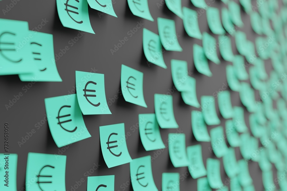 Many teal stickers on black board background with symbol of  euro drawn on them. Closeup view with narrow depth of field and selective focus. 3d render, illustration - obrazy, fototapety, plakaty 
