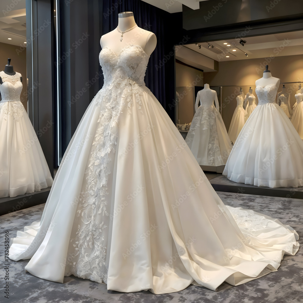 A beautiful wedding dress displayed in a dress shop A beautiful wedding dress displayed in a dress shop