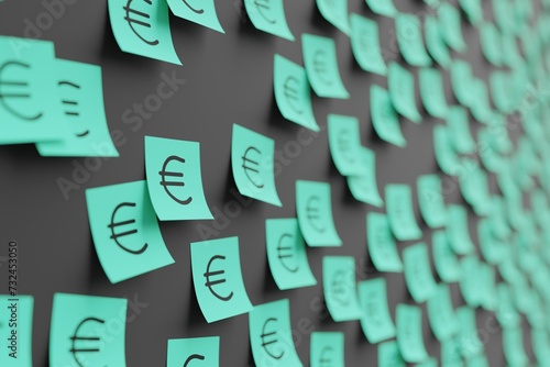 Many teal stickers on black board background with symbol of euro drawn on them. Closeup view with narrow depth of field and selective focus. 3d render, illustration