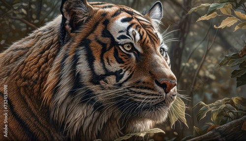 AI-generated illustration of a tiger in the jungle surrounded by green foliage.