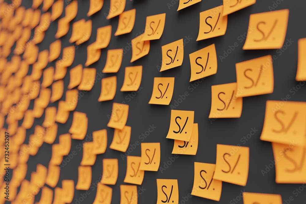 Many orange stickers on black board background with symbol of Peru sol drawn on them. Closeup view with narrow depth of field and selective focus. 3d render, illustration - obrazy, fototapety, plakaty 