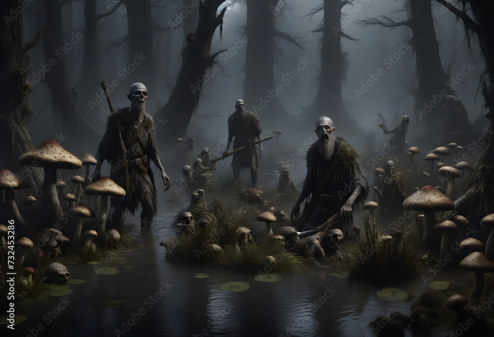 Gloomy swamp with zombies