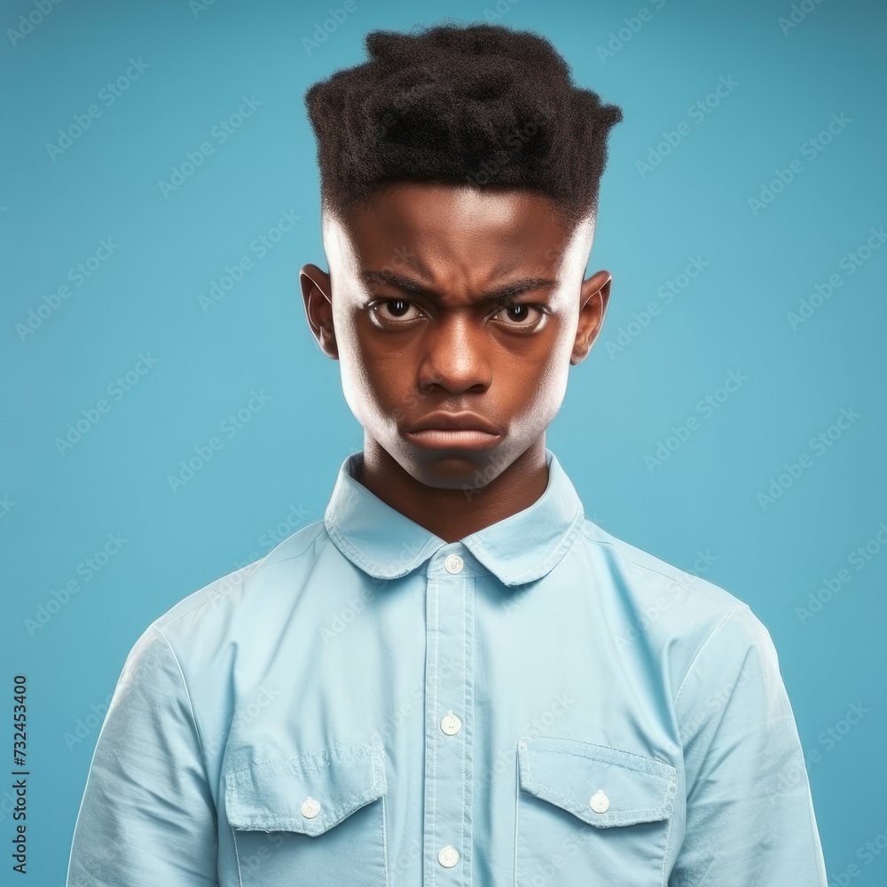 Obraz premium Portrait of an angry teenage African boy with brown hair. Closeup face of a furious African American young adult on a blue background looking at camera. Front view of a outraged teenager in blue shirt