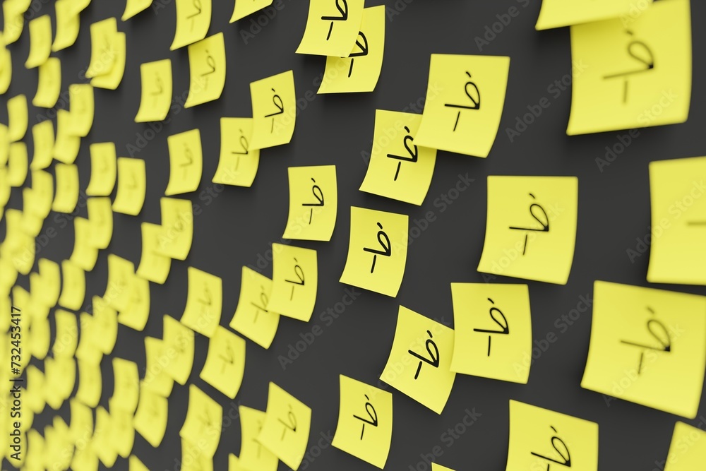 Many yellow stickers on black board background with symbol of Afghanistan afghani drawn on them. Closeup view with narrow depth of field and selective focus. 3d render, illustration Many yellow stickers on black board background with symbol of Afghanistan afghani drawn on them. Closeup view with narrow depth of field and selective focus. 3d render, illustration