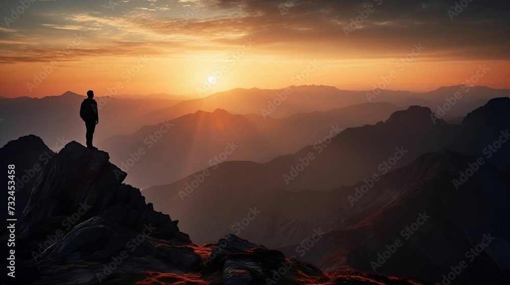 AI-generated illustration of a man silhouetted against a stunning mountain backdrop at sunset.