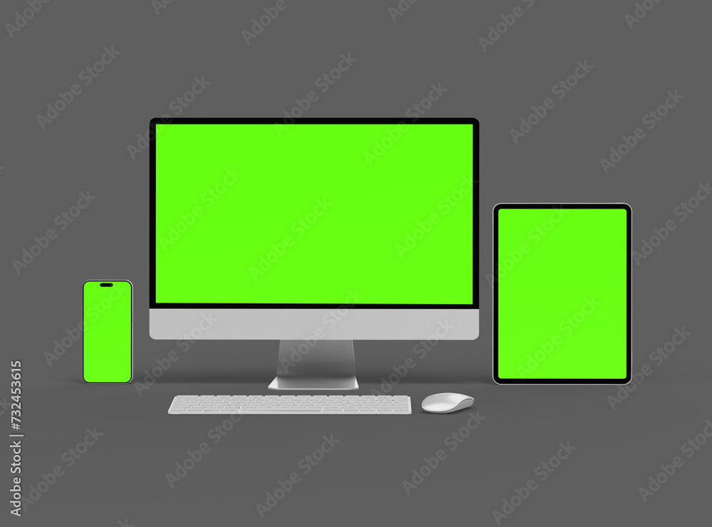 3D Render of smartphone tablet desktop with green screens on a dark background 3D Render of smartphone tablet desktop with green screens on a dark background