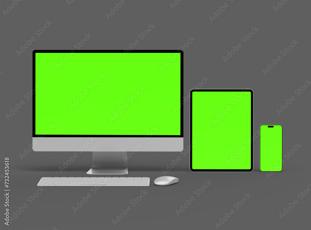 3D Render of smartphone tablet desktop with green screens on a dark background 3D Render of smartphone tablet desktop with green screens on a dark background