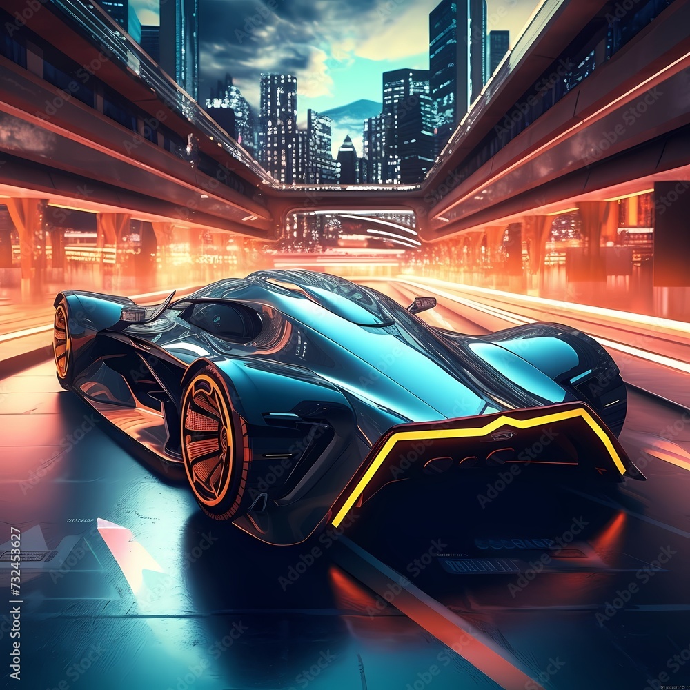 Futuristic Sports Car in a Cyberpunk City
