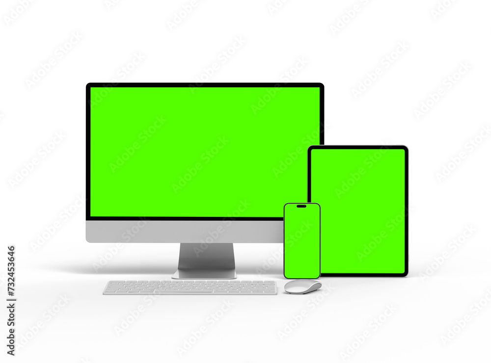 3D Render of smartphone tablet desktop with green screens on a transparent background 3D Render of smartphone tablet desktop with green screens on a transparent background