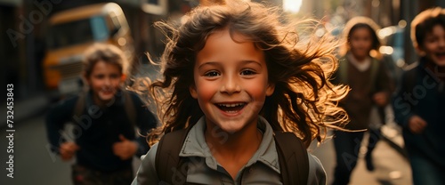 Happy girl with a backpack running towards the viewer. Back-to-school season. AI-generated.