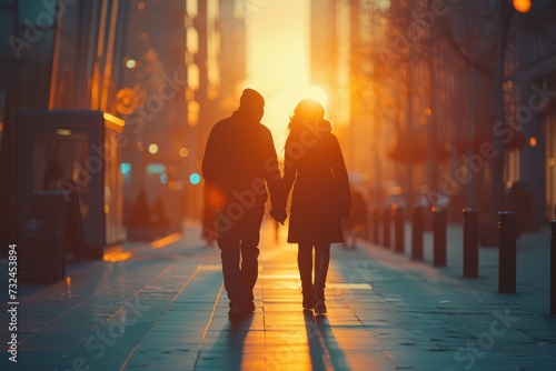 Romantic City Walk - A couple walking hand-in-hand in an urban setting - AI Generated