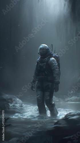AI generated illustration of an astronaut standing in a forest under the rain © Wirestock