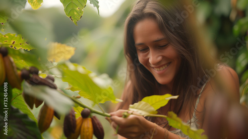 Local agriculturist carefully hand-picking organic cacao photo