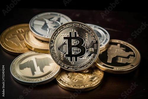 AI generated illustration of bitcoin on other cryptocurrency coins on a wooden table