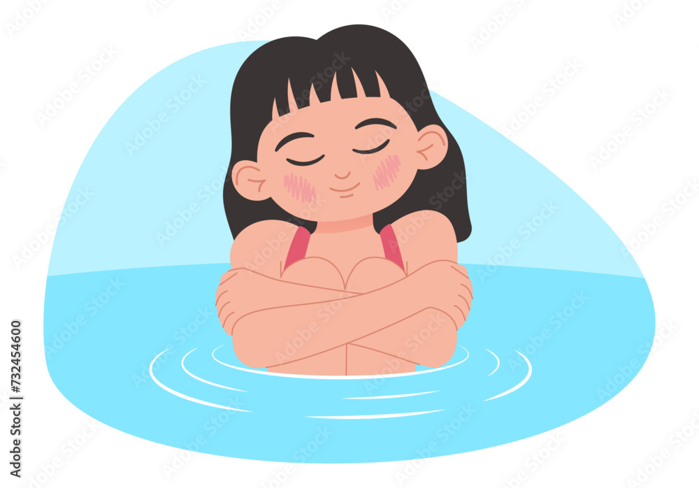 Girl sitting in the water and hugging herself, vector illustration Girl sitting in the water and hugging herself, vector illustration
