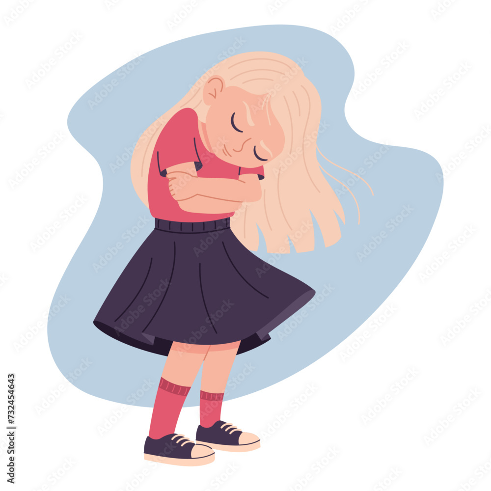 Fototapeta premium Lonely child hugging himself, child lack of attention, illustration isolated on white