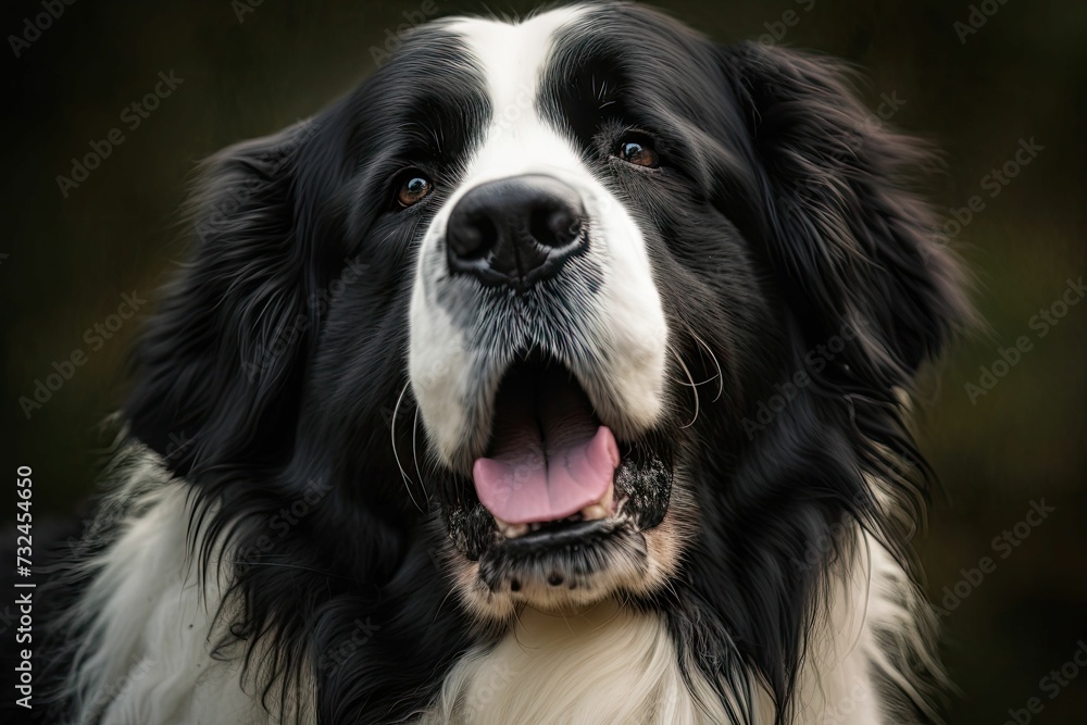 a black and white dog with his mouth open, looking at the camera