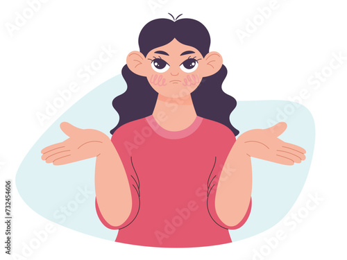 Girl spreads her hands, expresses misunderstanding, vector illustration