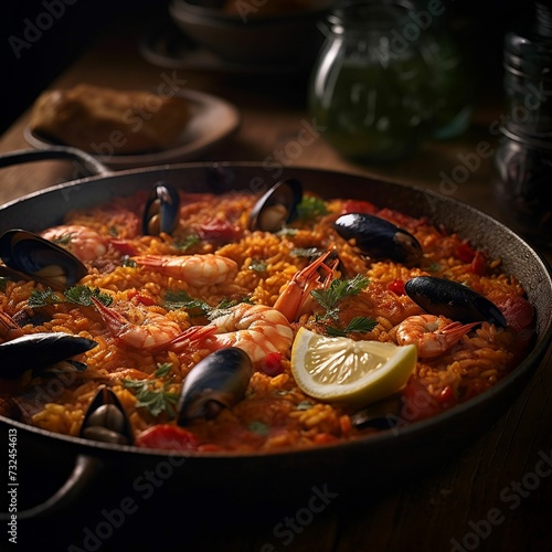 Large pan of seafood and rice served on a wooden table, AI-generated