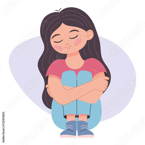 Sitting girl hugging herself, with eyes closed, mentally calm, illustration isolated on white